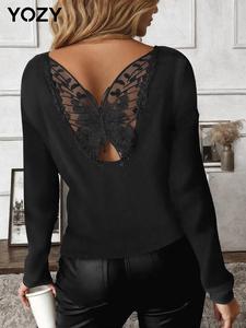 YOZY Women's Contrast Butterfly Lace Drop Shoulder Tee, Casual Long Sleeve Ribbed Top for Fall & Winter, Women's Clothing for Daily Wear