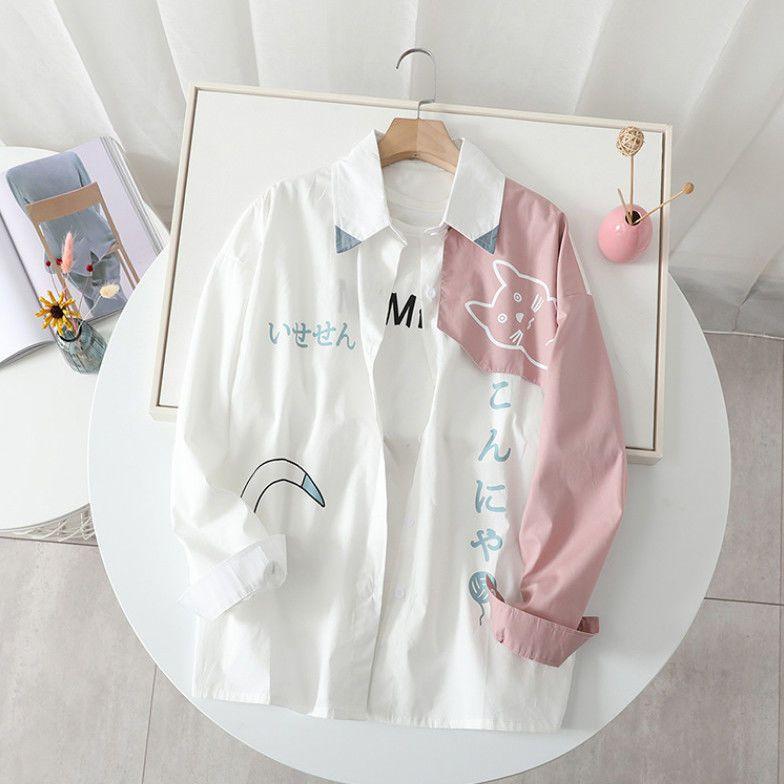 Product Introduction of Áo Sơ Mi Dài Tay Dáng Rộng Phong Cách Preppy, Dành Cho Giới Trẻ, Dành Cho Bé Trai, Xu Hướng Mùa Xuân Và Mùa Thu, Áo Sơ Mi Mèo Hoạt Hình, Thích Hợp Cho Các Cặp Đôi 3