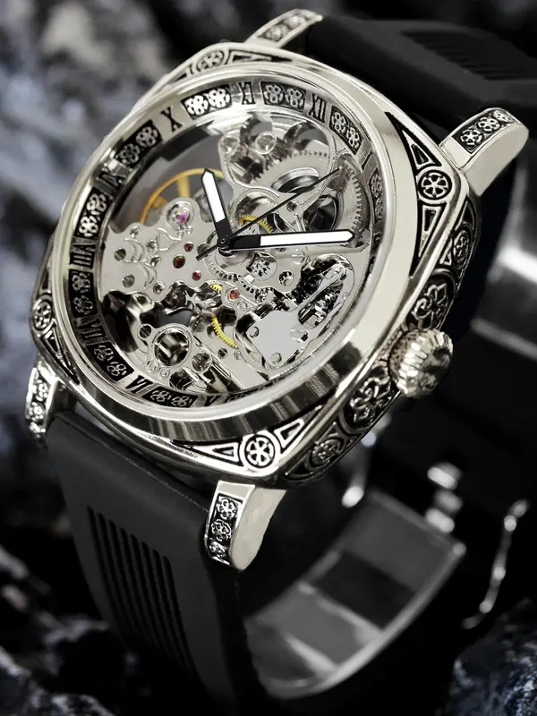 Men's Business Fashion Mechanical Watch, Fashion Watch with  Silicone Strap, Trendy Watch for Daily Life, with Box 2