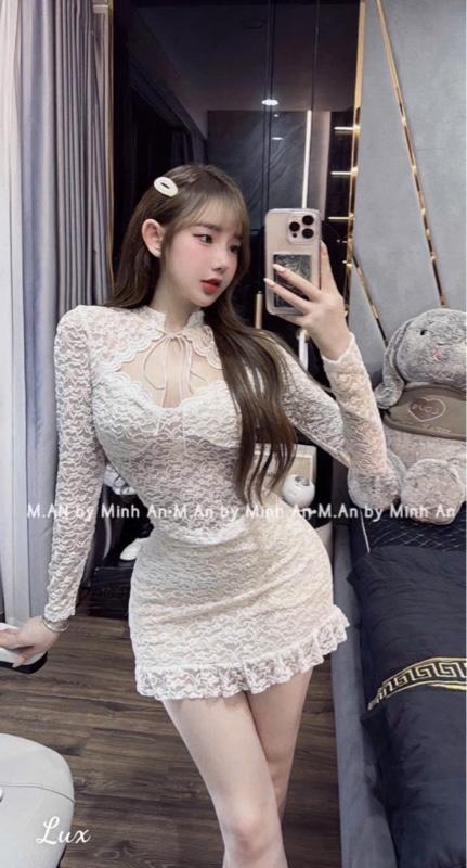 Product Introduction of ￼Sét bộ áo cổ khoét ngực tay dài chân váy ôm lai kiểu bèo dành cho nữ - Women 6