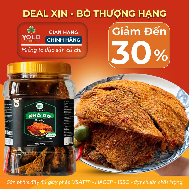 500g Khô Bò Thượng Hạng - Chuẩn bò Xịn, Bò Miếng To Mềm, Khô Bò Củ Chi - Yolo Food Ăn Vặt Snack Cay