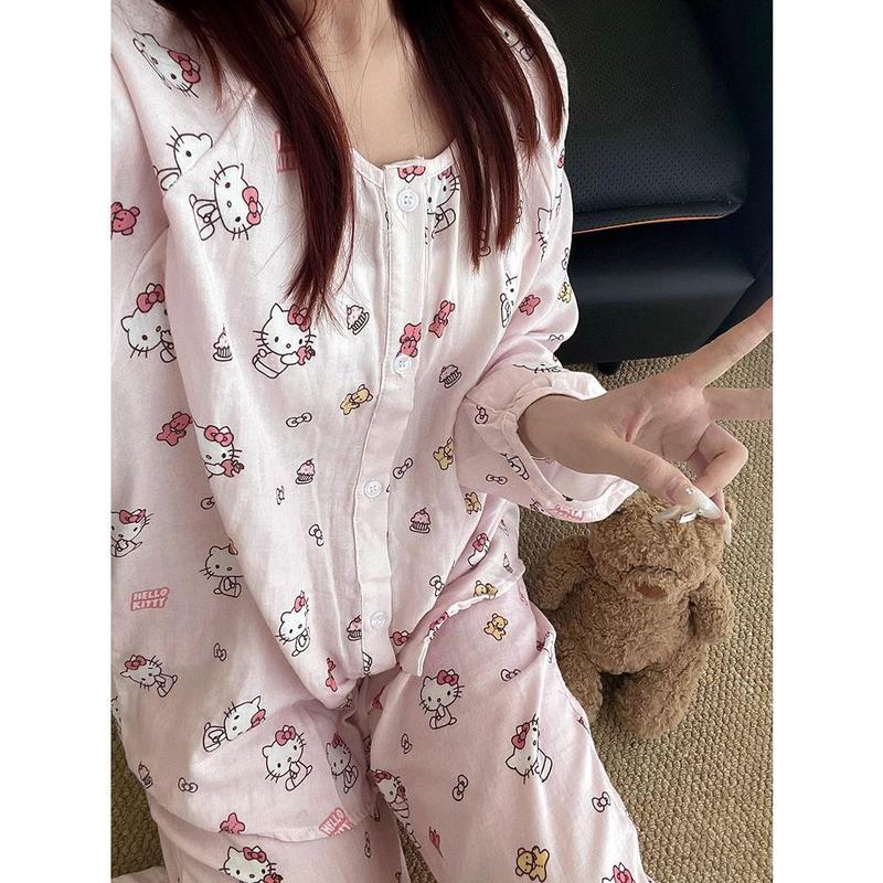Bộ đồ ngủ mèo Hello Kitty dễ thương cho nữ mùa xuân và thu 2024 quần dài tay mới đẹp mắt mặc nhà