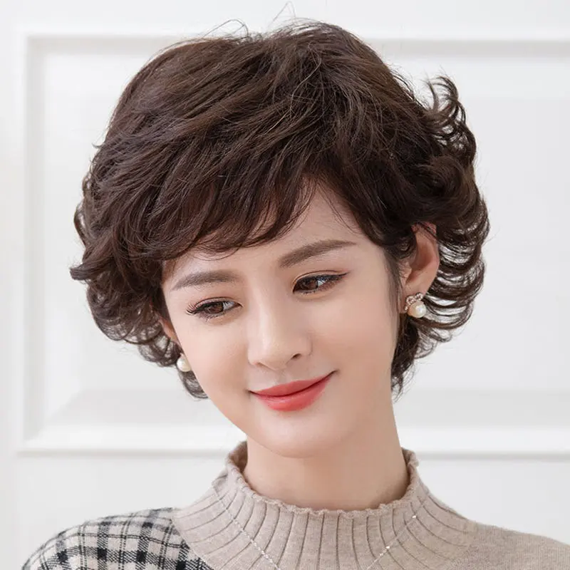 Wanita wig rambut pendek rambut keriting panjang sedang ibu berbulu alami gaya rambut keriting pendek helai rambut manusia nyata set wig setengah baya 2