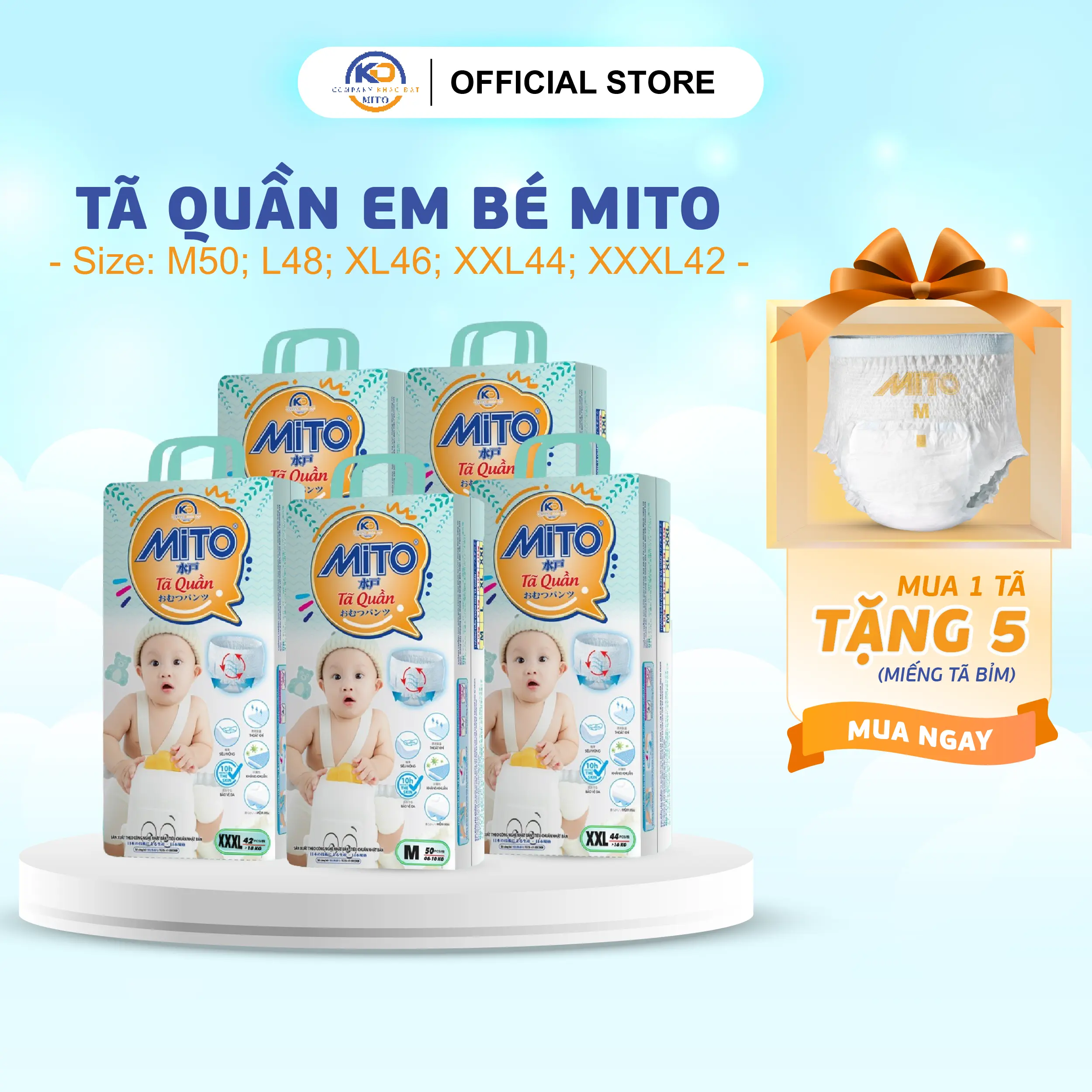 [Mua 1 Tặng 5 miếng dùng thử] Tã Quần Em Bé MITO Siêu Mỏng Thấm Hút Nhanh Thon Gọn Thoáng Khí Chống Hăm Không Tràn Từ Size M50 đến XXXL42 Cho Bé bim chobe