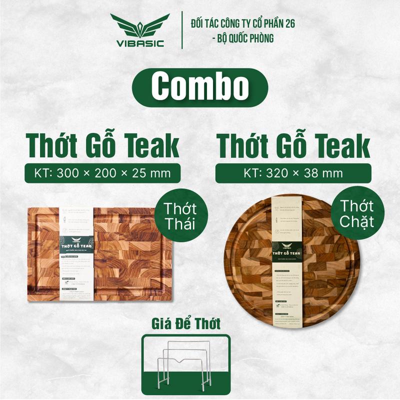 Combo 2 thớt gỗ Teak ghép dựng tiện lợi dùng để cắt thái và băm chặt, kèm kệ đựng thớt inox 2 ngăn