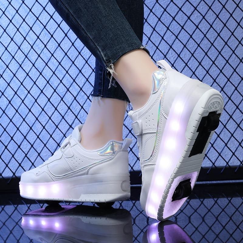 2024 New children's gift two-wheeled walking shoes Light dry comfortable convenient fast wear resistant Velcro double mesh breathable LED light wheel shoes skate shoes 4