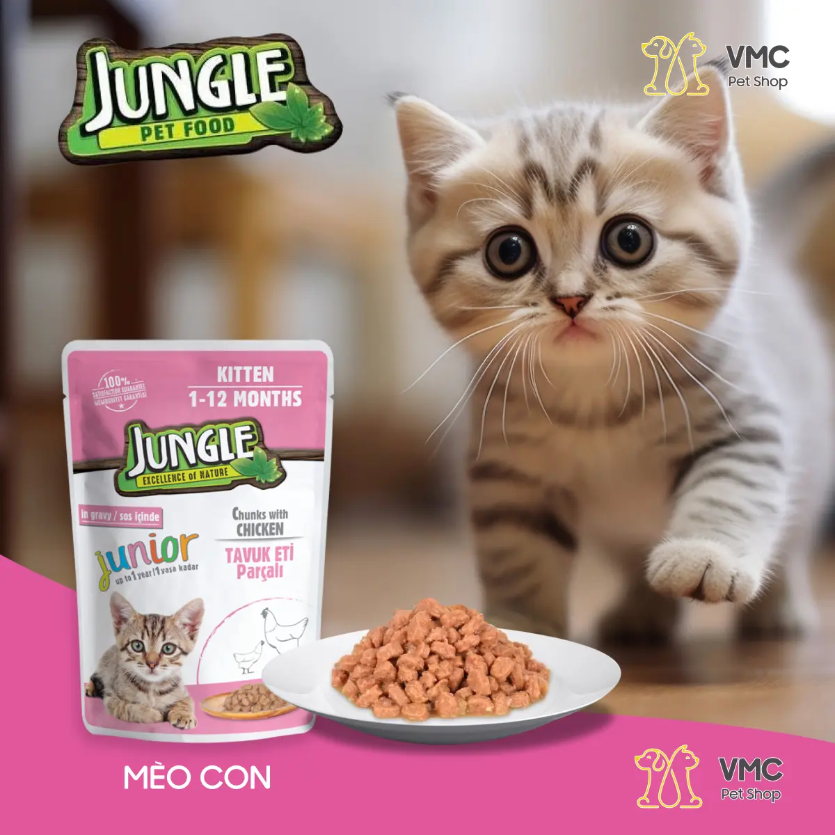 Thức ăn ướt cho mèo con vị gà Jungle Cat Food gói 100g