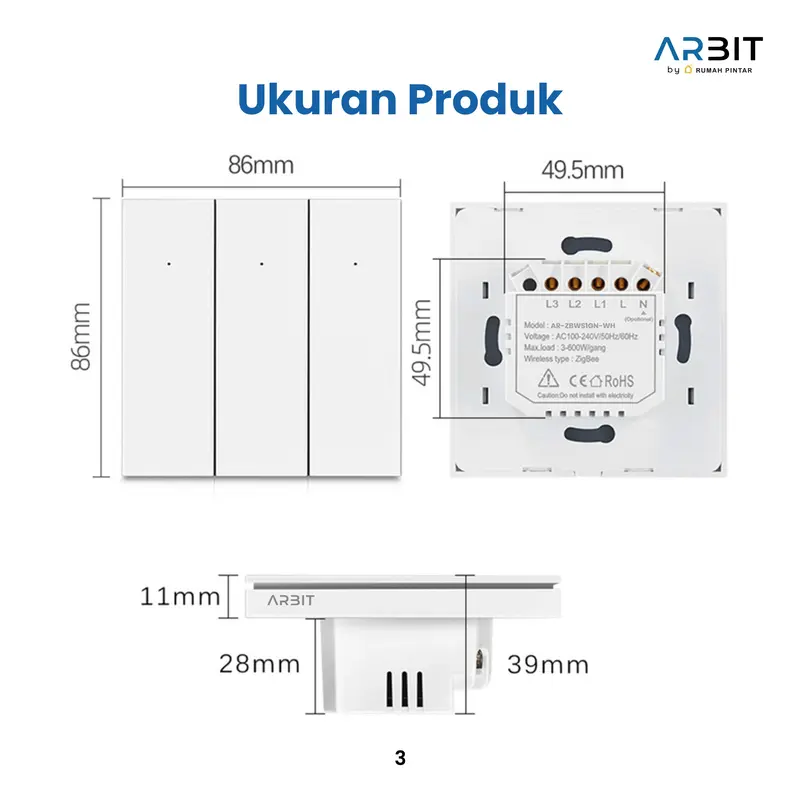 ARBIT Zigbee Wall Switch N Series 1 2 3 Gang Saklar Pintar Smart Home Black Tuya 3