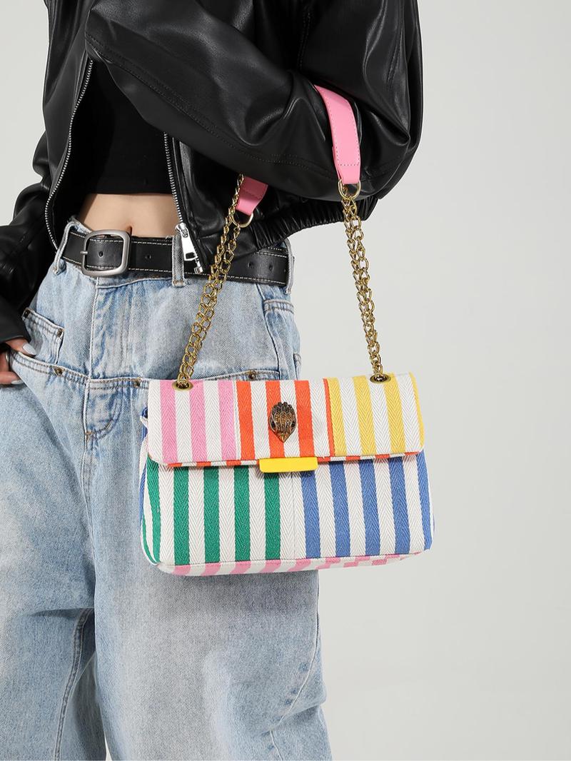 Product Introduction of Women's Fashionable Colorful Striped Pattern Crossbody Bag, Casual Versatile Zipper Shoulder Bag for Daily Used, Trendy All-match Commuter Bag 3