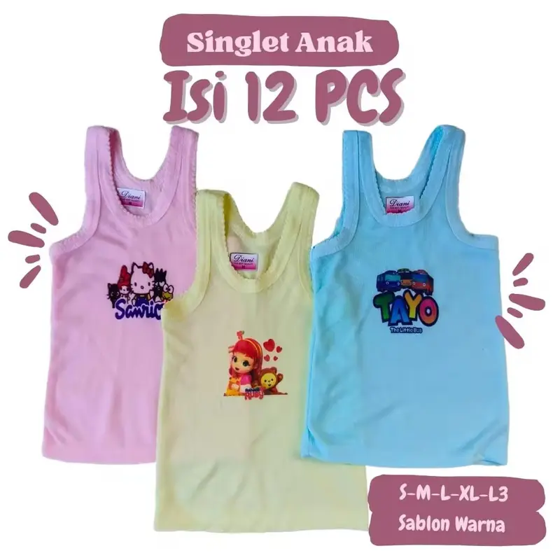 [ 3 & 6 PCS ] Singlet anak laki-laki dan perempuan motif gambar / Kaos dalam anak polos karakter Fashion 4