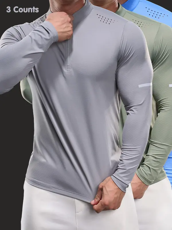 Men's Half Zip Up Stand Collar Sports Tee, High Stretch Tight-fitting Casual Comfy Breathable Long Sleeve T-shirt for Gym Workout Running, Men's High Stretch Sportswear for All Seasons, Athletic Fitted Breathable Mens Clothing 6