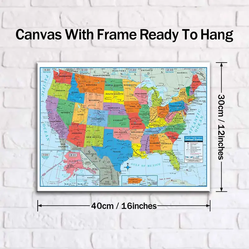 Wooden Framed Canvas Map Of The United States Poster, Modern Art Decoration, Pattern Wall Art Decor, Frame Painting for Living Room, Bedroom, Office, Restaurant Wall Decor 1