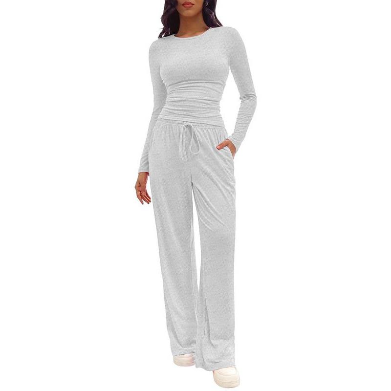 Two-piece Set Women's Solid Ruched Tee & Drawstring Pocket Pants Lounge Set, Casual Long Sleeve T-shirt & Elastic Waist Trousers, Pyjamas for Women, Ladies Sleepwear for All Seasons,  Lounge Tracksuit Women 6