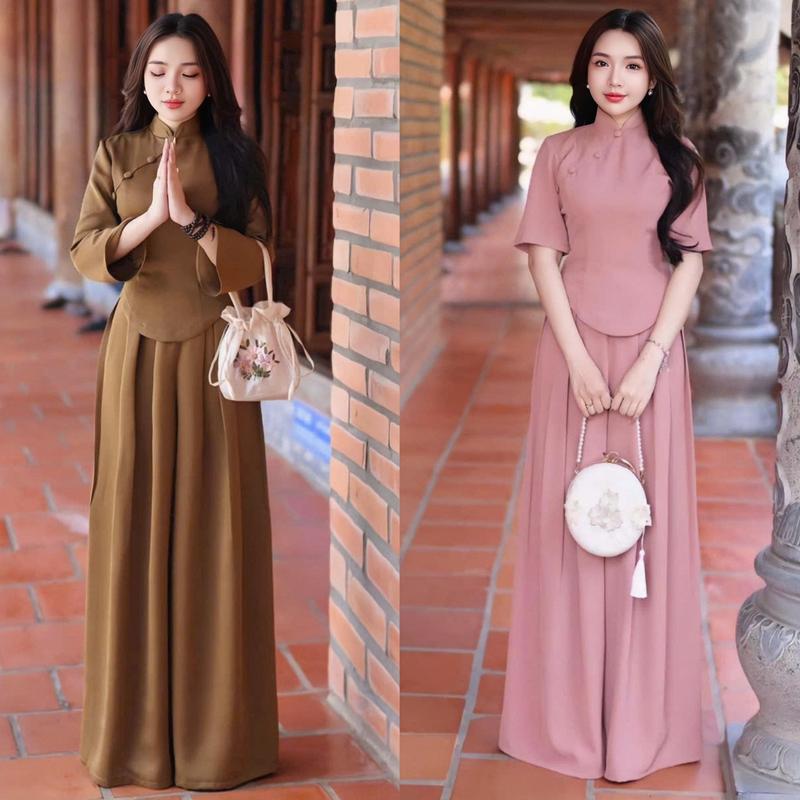 Set bộ lam nữ tuyết nhung thiết kế áo cổ tàu đính nút bọc tay lỡ mix quần dài ống rộng xòe xinh xắn thích hợp cho các nàng diện đi lễ ,đi chùa.  Women