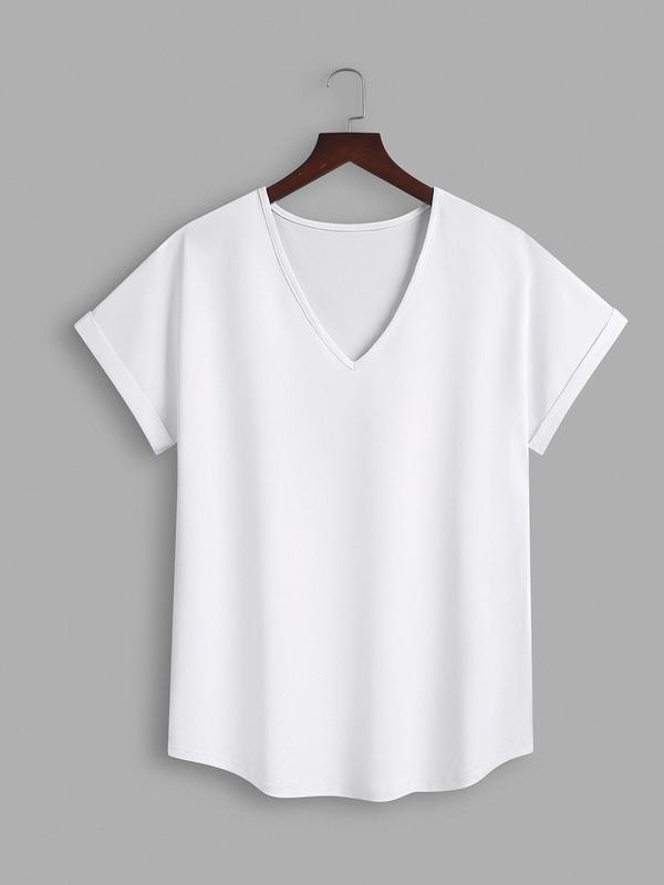 Women's Plain V Neck Tee, Elegant Casual Short Sleeve T-shirt for Summer, Ladies Clothes for Daily Wear 0