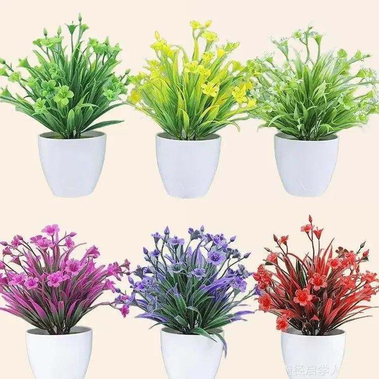 [2 MIỄN SHIP] Chậu cây giả cỏ 3 lá [KÈM CHẬU] giả có hoa Trang trí decor Đồ trang trí Nhiều màu sắc Hoa Sen Decor Phòng