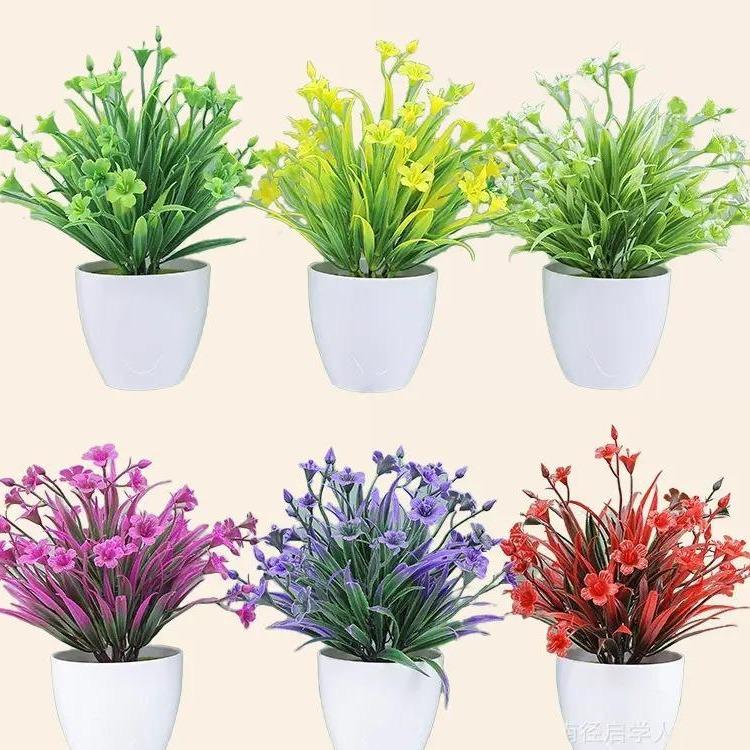 2 MIỄN SHIP Chậu cây giả cỏ 3 lá KÈM CHẬU giả có hoa Trang trí decor Đồ trang trí Nhiều màu sắc Hoa Sen Decor Phòng