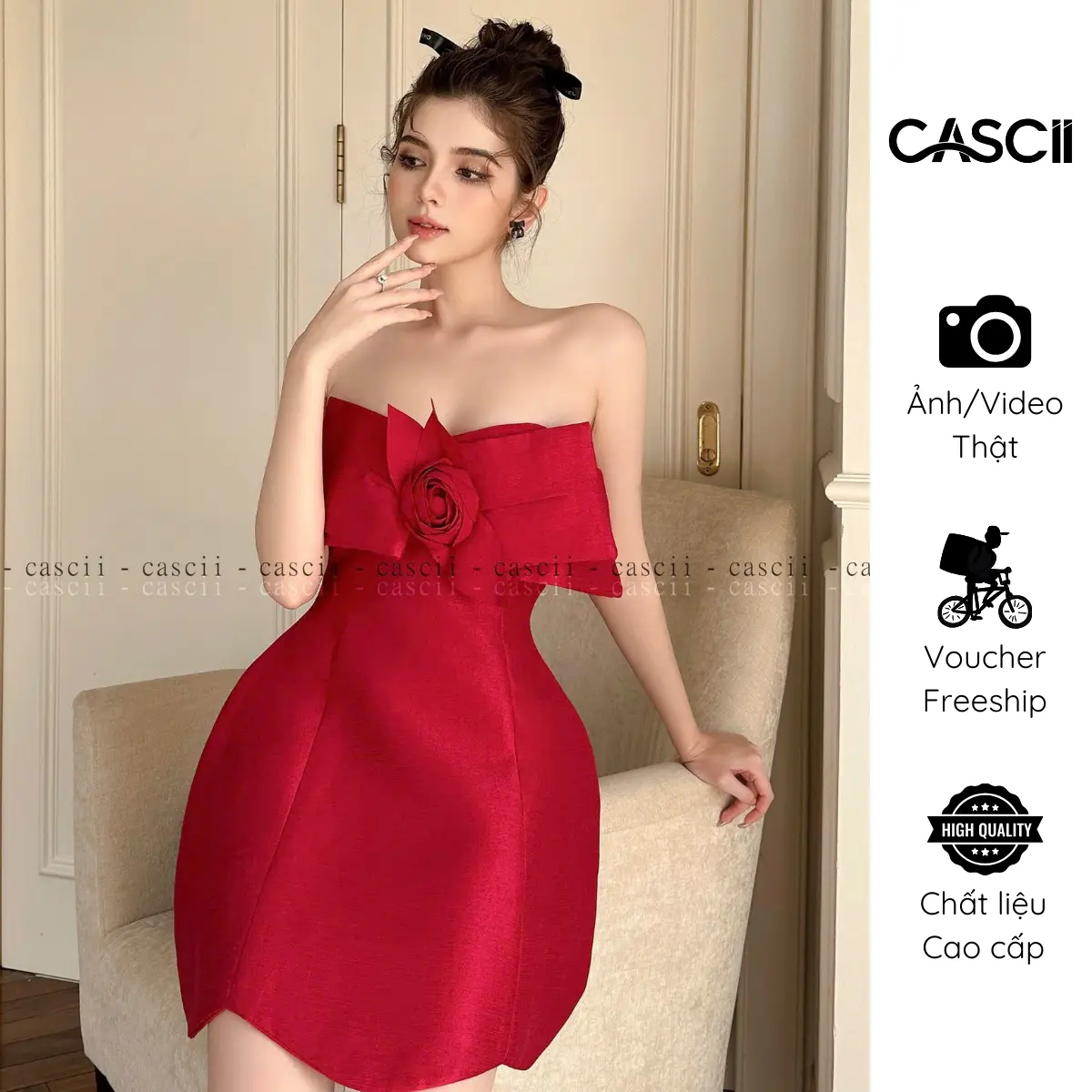 Đầm Nữ CASCII Cúp Ngực Đính Hoa Chất Tafta Cao Cấp [CS09]
