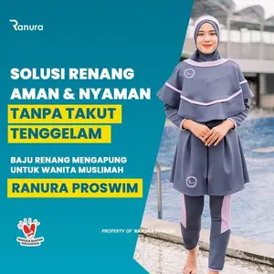 Baju Renang Muslimah Ranura Proswim Panjang Syari Dewasa dengan Hijab Cantik - Scuba Import Premium - Floating - Grey Purple (S-XXL) Wanita Remaja Alat Terapi Renang