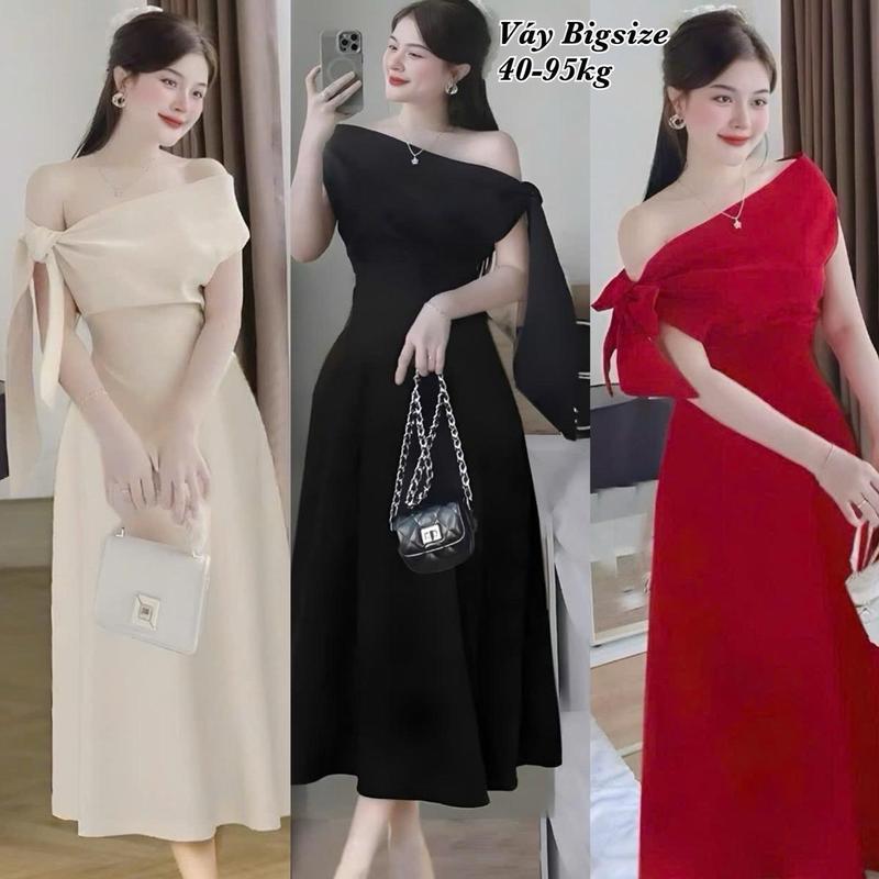 Đầm Váy Nữ Buộc Nơ Thiết Kế Lệch Vai Lụa Chéo Hàn Xinh Đẹp Đón Tết Thiết Kế Thời Trang Bigsize Đẹp Sang Chảnh 40-95kg