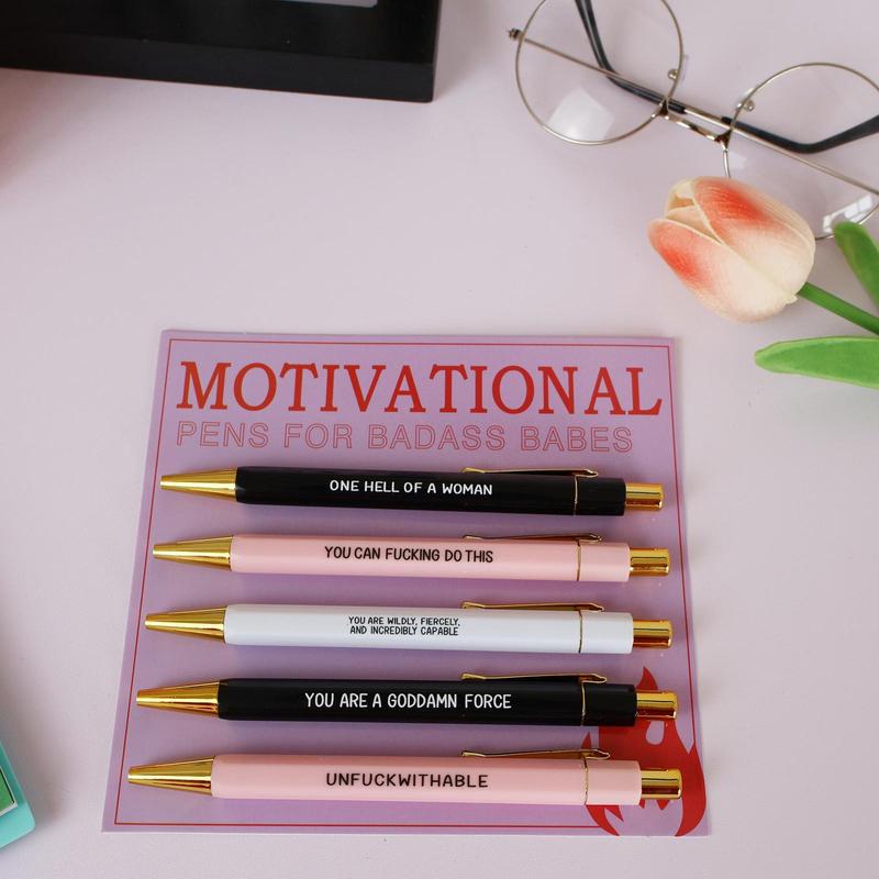Product Introduction of Motivational Letter Pattern Ballpoint Pen Set, 5 Counts/set Creative Funny Slogan Ballpoint Pen, Writing Pen for Office School Student 2