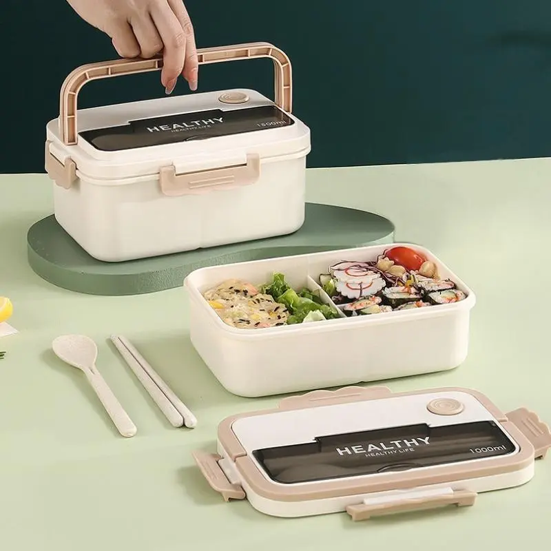 Lunch Box with Cutlery, 1 Count 1000ml/1500ml Food Container with Lid, Bento Box for Home Office School, Kitchen Accessories