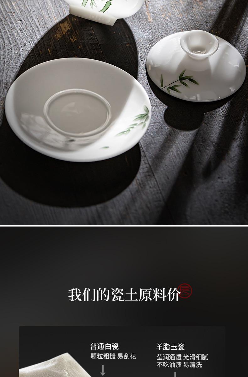 Product Introduction of Dehua White Porcelain Suet Jade Sancai Cover Bowl Teacup Stacking Carving Pure Hand-painted Green Bamboo Not Hot, High-end Tea Bowl [A926] 6