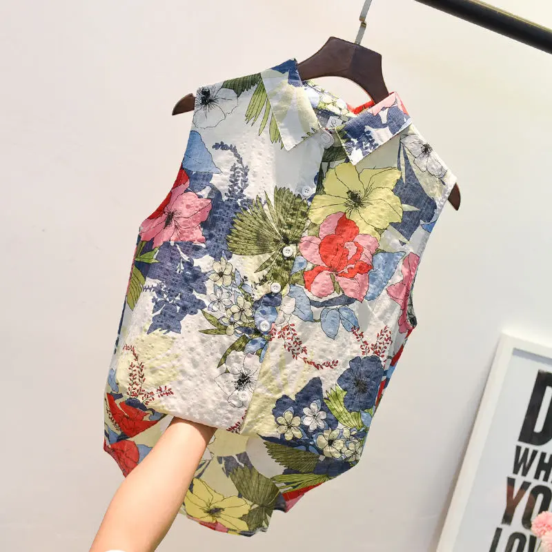 Áo Sơ Mi Cotton Không Tay Dành Cho Nữ, In Hoa Mùa Hè, Dáng Rộng Vừa Vặn, Áo Cánh