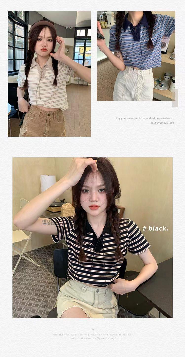 Product Introduction of Áo Thun Sọc, Cổ Polo Màu Tương Phản, Dành Cho Nữ, Phong Cách Cổ Điển Mùa Hè, Mỏng Vừa Vặn, Ngắn Tay, Áo Vai Ngắn, Bán Chạy 2