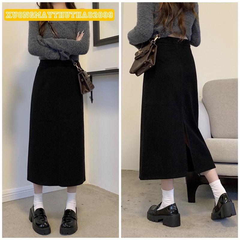 Chân Váy Umi Dài Xẻ sau, Dáng midi lưng cao chất co dãn