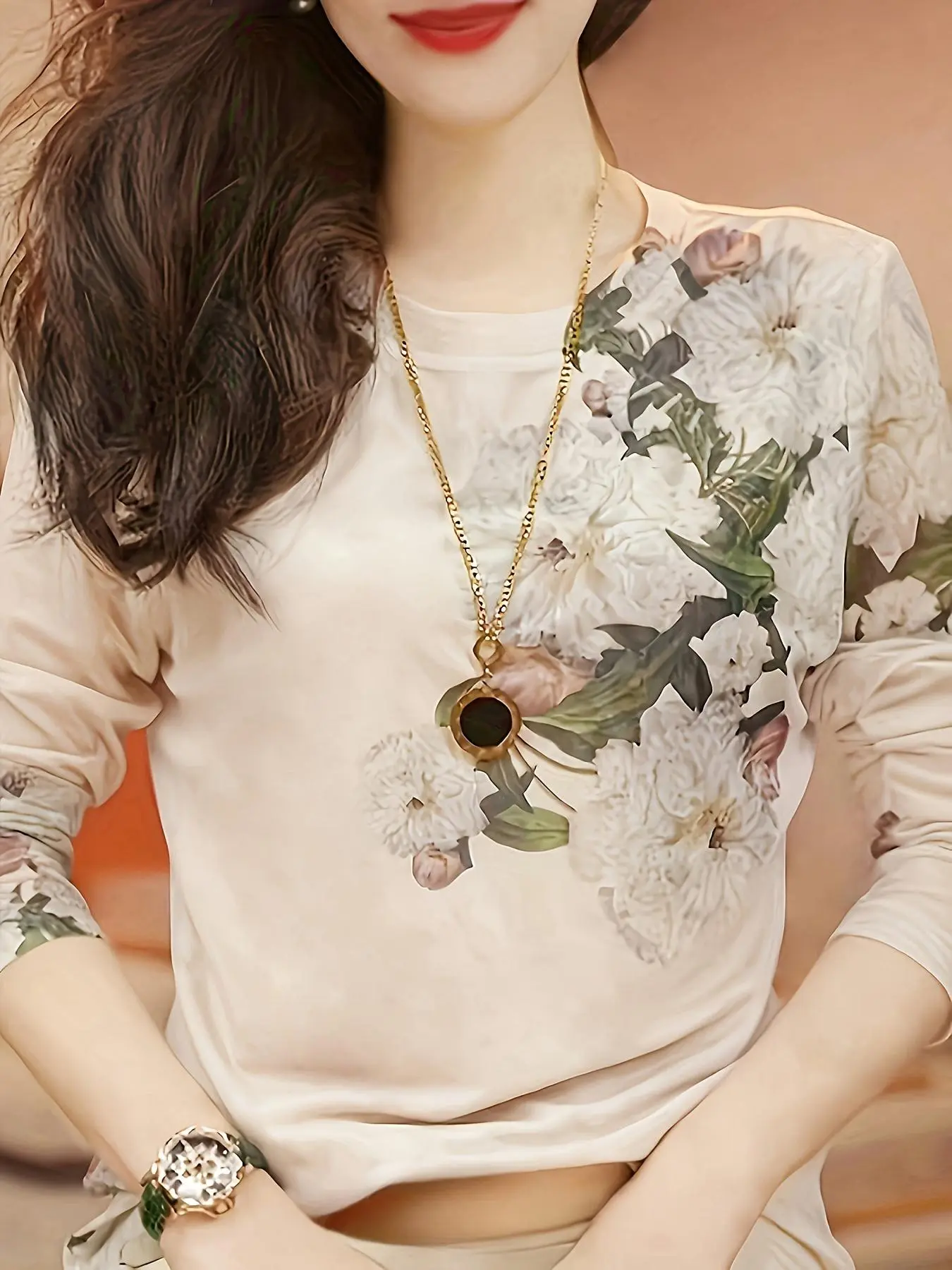 Women's Floral Print Round Neck Tee, Elegant Long Sleeve Crew Neck Top for Spring & Fall, Ladies Clothes for Daily Wear
