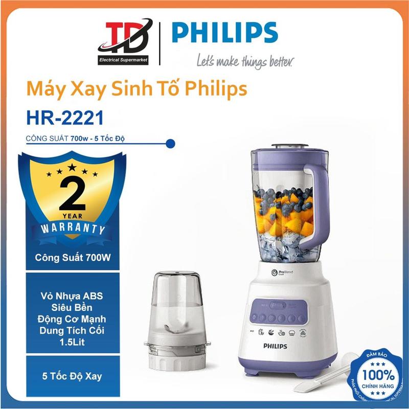 Máy Xay Sinh Tố Philips HR2221 - Công Suất 700W, Xay Đá, Xay Hạt, Bảo Hành 2 Năm