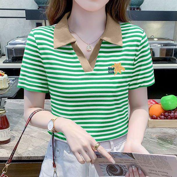 Áo Phông, Cổ Polo Sọc Nữ, ngắn Tay, Thời Trang Mới Cá Tính, Khâu Màu Tương Phản, Phong Cách Phương Tây, Dễ Phối Đồ, Thích Hợp Cho Mùa Hè, Áo Phông Thường Ngày Top Women 0