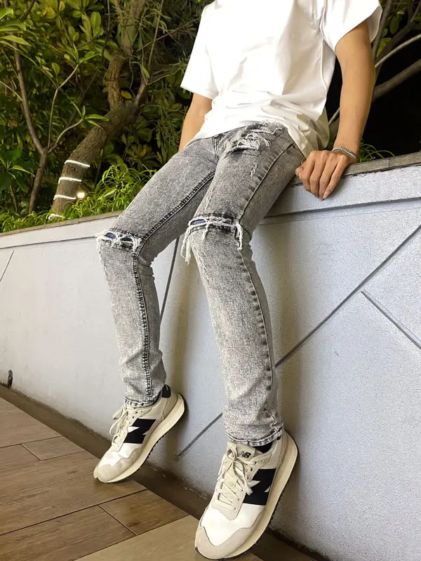 CELANA JEANS SOBEK SPRAY BIKER PRIA DENIM SETRET slim-fitting nyaman panjang  Soft Keren Slim Stretch Fit Slim Fit Ripped Melar Skinny 2