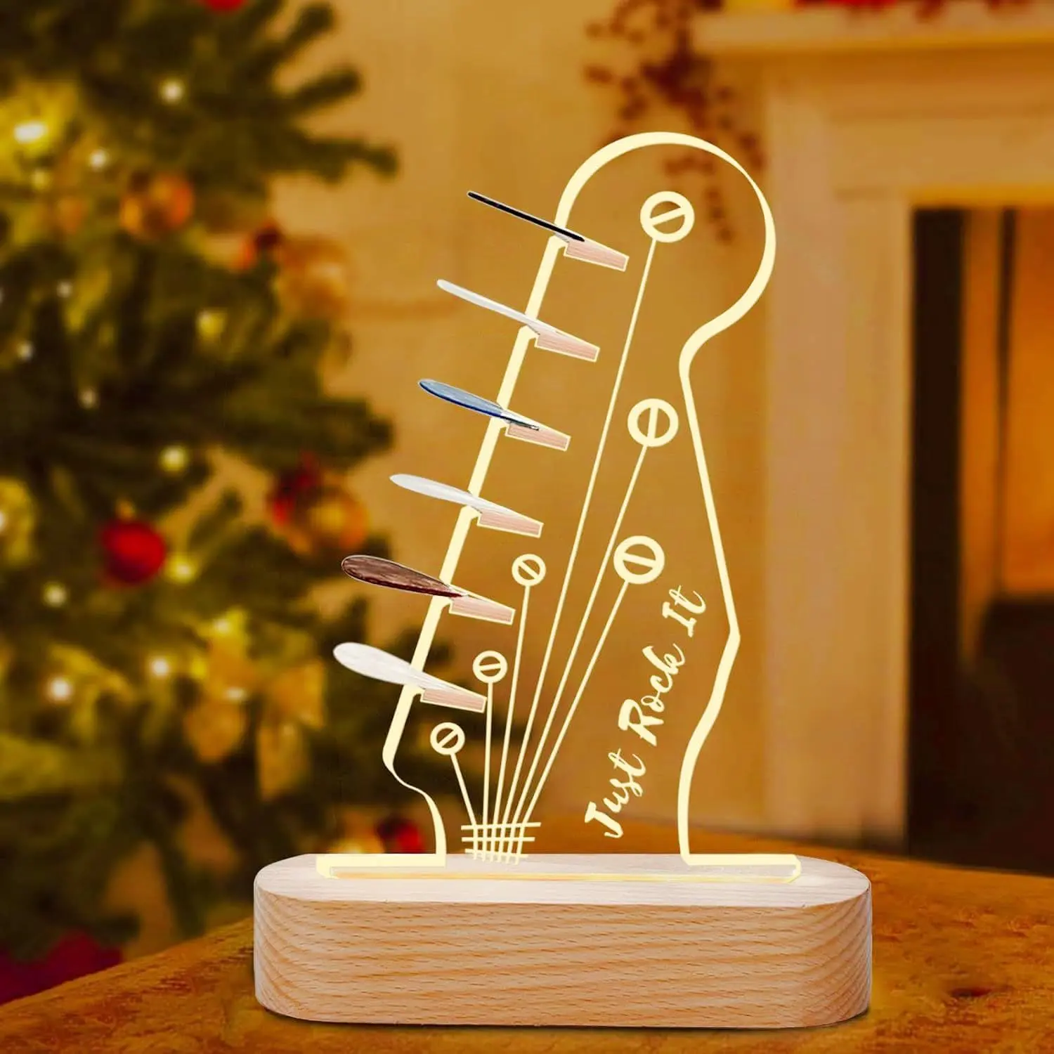 Guitar Shaped Night Light, USB Rechargeable Guitar Pick Clip Ambient Night Light with Wooden Base, Creative Gift Light for Bedroom, Living Room, Home Decor