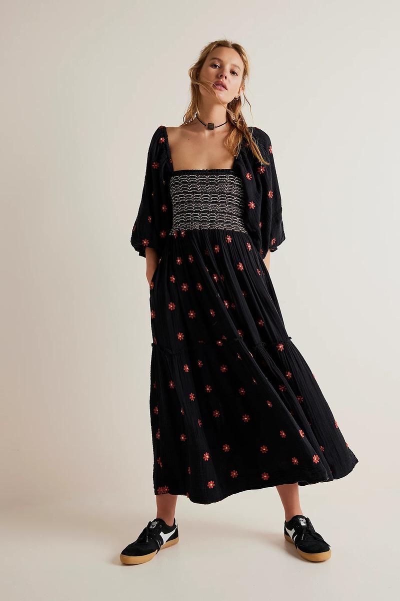 Product Introduction of Women's Floral Embroidery Frill Trim Shirred Flounce Sleeve Dress, Boho Fashion Long Sleeve Square Neck A Line Dress for Daily Holiday Vacation Wear, Ladies Dress for All Seasons, Dresses for Women, Spring Dress Casual Womenswear jaded london  dress 2