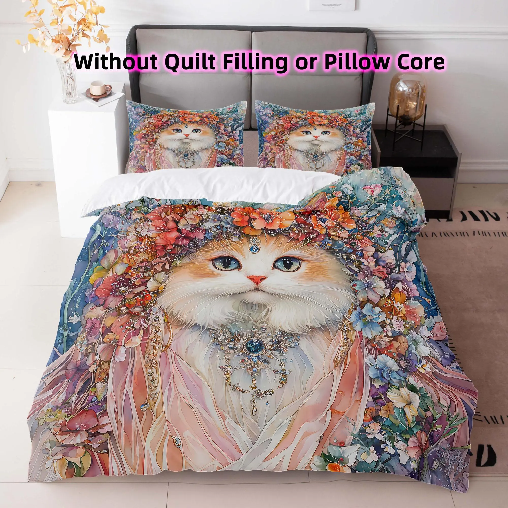 Cat Pattern Bedding Set, 3 Counts/set Including Duvet Cover & Pillowcase without Filler, Soft Comfortable Bedding Set for Home Bedroom