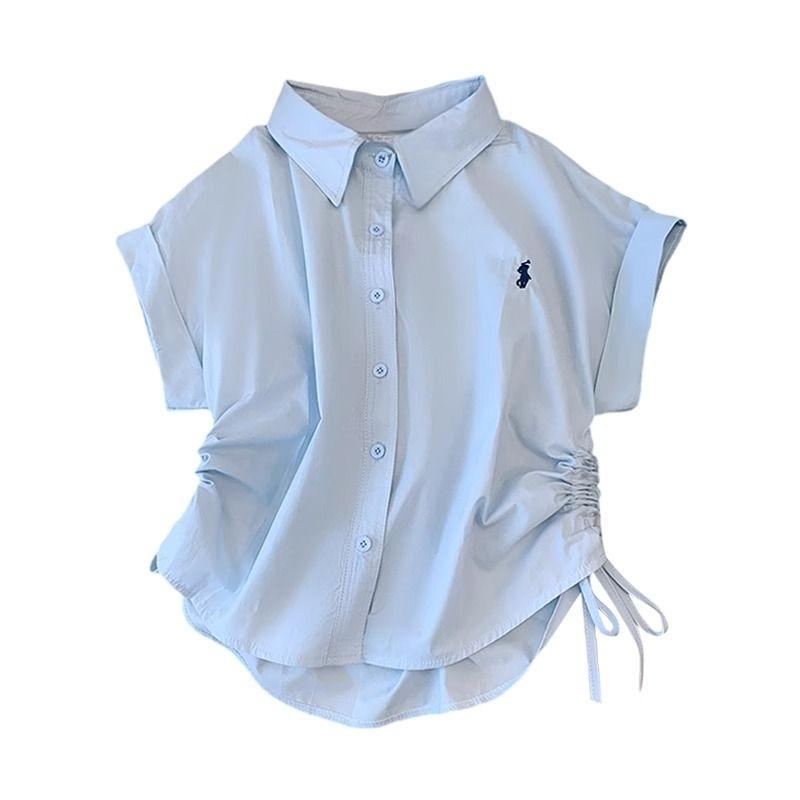 Áo Sơ Mi ngắn Tay Thiết Kế Dây Rút Phong Cách Hồng Kông, Ngọt Ngào Và Ngầu, Cổ Polo Thêu, Dành Cho Nữ, Trang Phục Mùa Hè, Áo Cardigan Không Đều Thanh Lịch 8