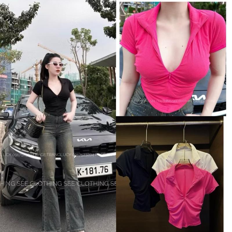 ÁO CỔ V TAY NGẮN PHỐI DÂY KÉO GIỌT NƯỚC MAY ĐÚP 2 LỚP , VẠT BẦU CHIẾT LY EO TÔN DÁNG, Form ôm body croptop Kem