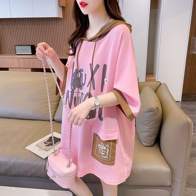 Product Introduction of Áo Thun Ngắn Tay Có Mũ Trùm Đầu, Dành Cho Nữ, Phong Cách Hàn Quốc, Dáng Rộng Vừa Vặn, Dễ Phối Đồ Đi Chơi, Màu Tương Phản, Áo Tay Lửng Ngoại Cỡ Thời Trang, Mùa Hè 2024 Hàng Mới Về Women Top Hoodie Cổ Tròn 17