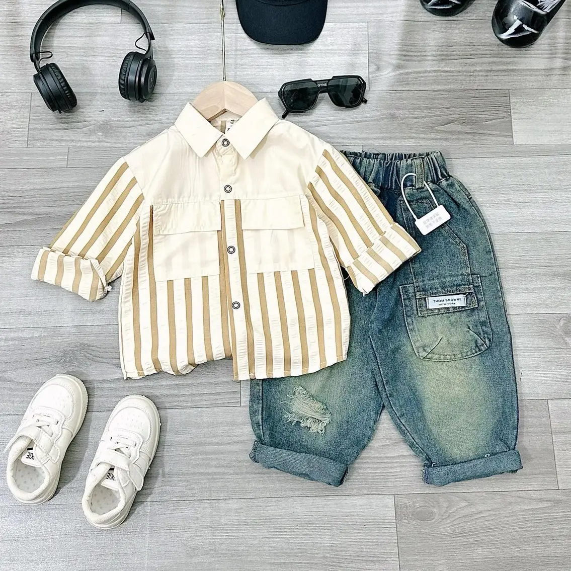 HG50 - SET SƠMI KẺ MIX QUẦN JEANS ( 2 màu ) sz 10-32kg Sandal