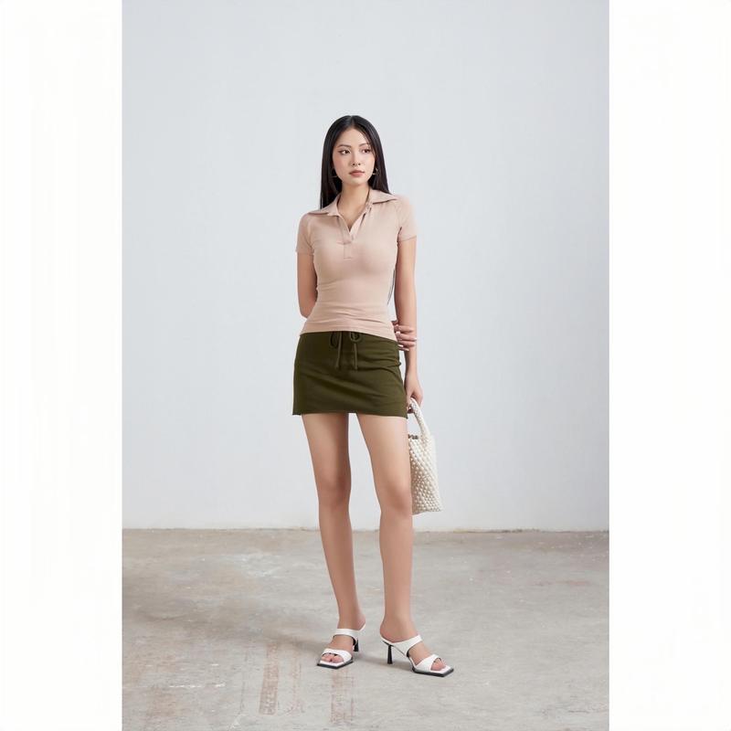 ÁO TĂM CỔ ĐỨC V MỞ THIẾT KẾ CO GIÃN CỘC TAY Nữ Women Top Tay Zaplang che bắp tay, dáng hack eo  Voi Voan Kem 6