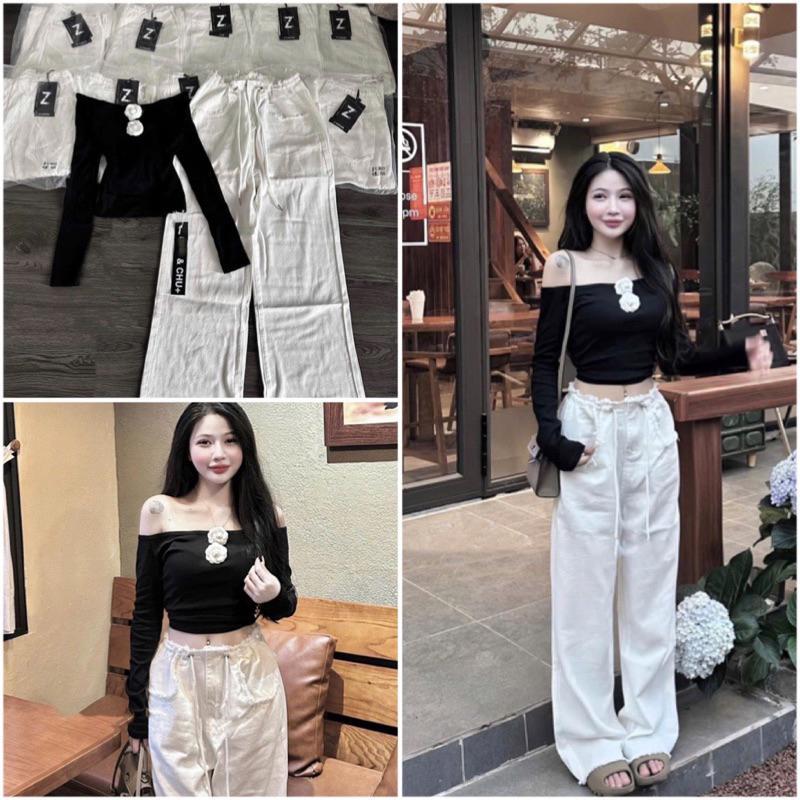 Product Introduction of Set Áo Trễ Vai Hoa Trà Cao Cấp Phối Quần Trắng Tua Rua Rút Dây Phom Chuẩn Mẫu Mặc Cực Hack Dáng Siêu Sang Chảnh Thời Trang 310 0