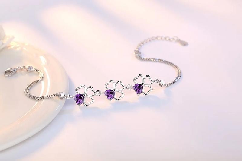 Product Introduction of Lucky Four Leaf Clover 925 Sterling Silver Original Jewelry Purple Crystal Link Chain Charm Bracelet for Women 5