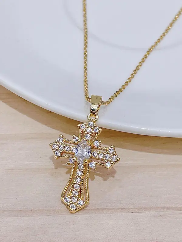 Rhinestone Cross Pendant Necklace for Women for Gift, Clavicle Chain Necklace, Fashion All-match Jewelry Accessory, Jewlery 0