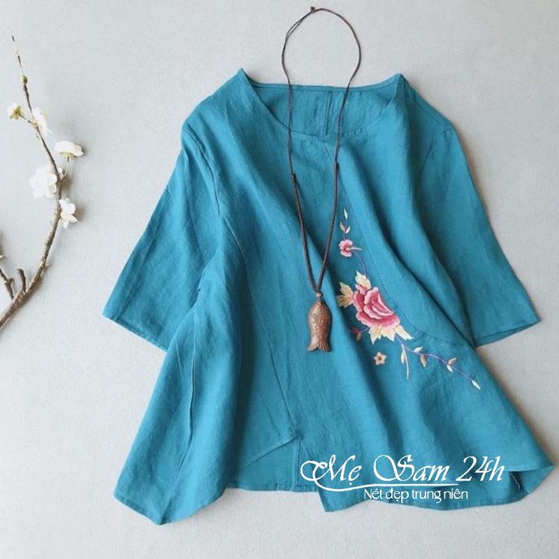 Áo Trung Niên Nữ Thêu Hoa Sang Trọng, Áo Kiểu Nữ Thiết Kế Form Rộng Bigsize Mẹ Sam 24h - AKH.66 Women Top Voan Sơ Mi