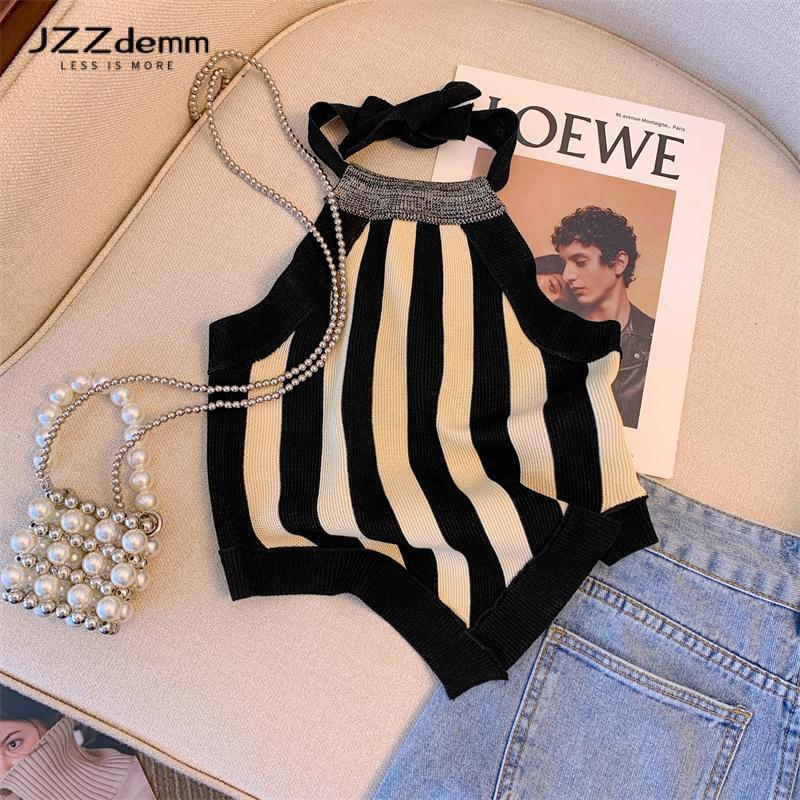 Áo Vest Dệt Kim Hai Dây Cho Nữ, Áo Ngắn, Thiết Kế Mùa Hè, Gợi Cảm Top Sọc Kẻ Women Kem