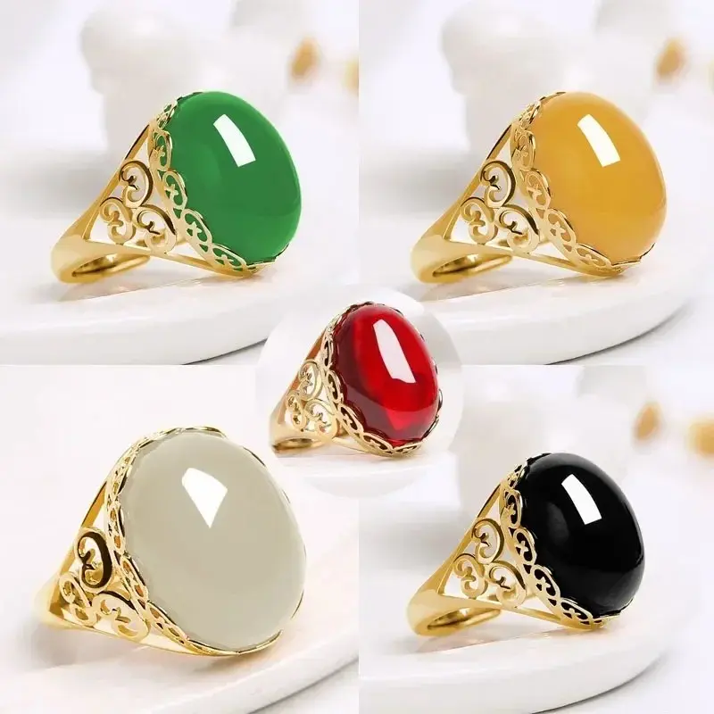 Unisex Rings Ethnic Style Imitation Green Chalcedony Rings for Women Temperament Imitation Agate Red Color Opening Ring