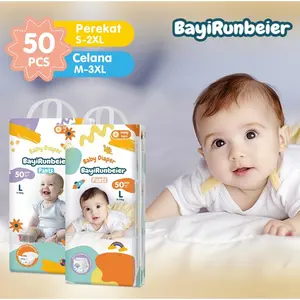 Runbeier Penjualan pabrik Bayi Celana Popok Sekali Perekat NBS50/M50/L50/XL50/XXL50/XXXL50 Pcs Tipis Lembut Anti Bocor 30 detik untuk penyerapan cepat Bahan Ramah Kulit Sirkulasi Udara Baik COD 12 jam tetap kering Harga Terjangkau