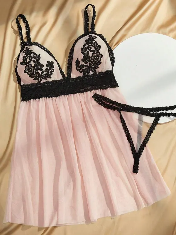 Women's Floral Embroidery Sheer Mesh Cami Nightdress & Thong Sexy Sleepwear Two-Piece Set, Elegant Comfy Adjustable Strap Nighty Dress & Panty Set, Ladies Sleepwear for All Seasons 4